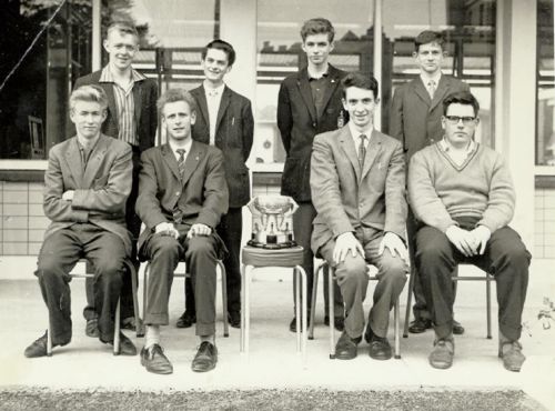 Irish Glorney Cup team, Dublin 1963. Back: P. Cassidy (manager), K. Ryan, B. Greer, R. Byrne. Front: P. Cafferky, S. Mooney, F. McMahon (captain), H. MacGrillen.