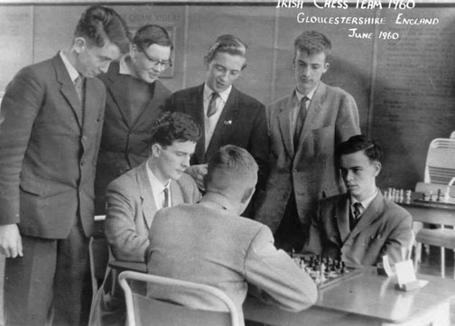 1960 Irish Glorney team. Seated are Paul Cassidy (back to camera), Sean Gilroy (left) and Eddie Whiteside. Standing on the left are Frank McMahon and Hugh MacGrillen. The two others are currently unknown.