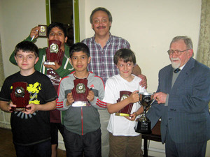 Mick Germaine Cup: back row Vinayak Unitham, Stefan Baczkowski (team manager), front row John Redmond, Devana Jose, Piotr Baczkowski and Mick Germaine, who presented the prizes